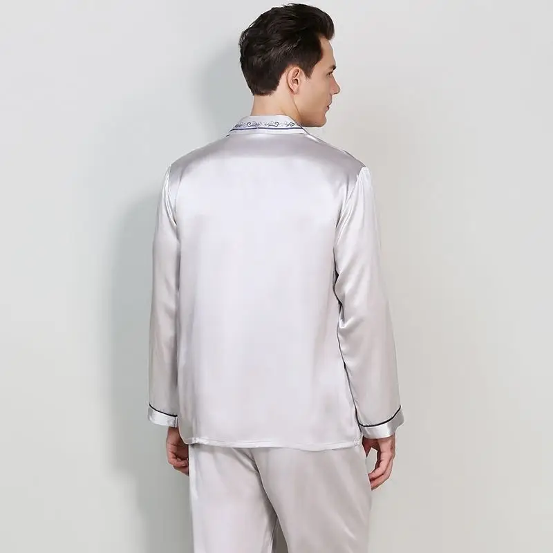 Pyjama en soie véritable pour homme, ensemble deux pièces à manches longues, vêtements de nuit décontractés, pour la maison, printemps-automne,