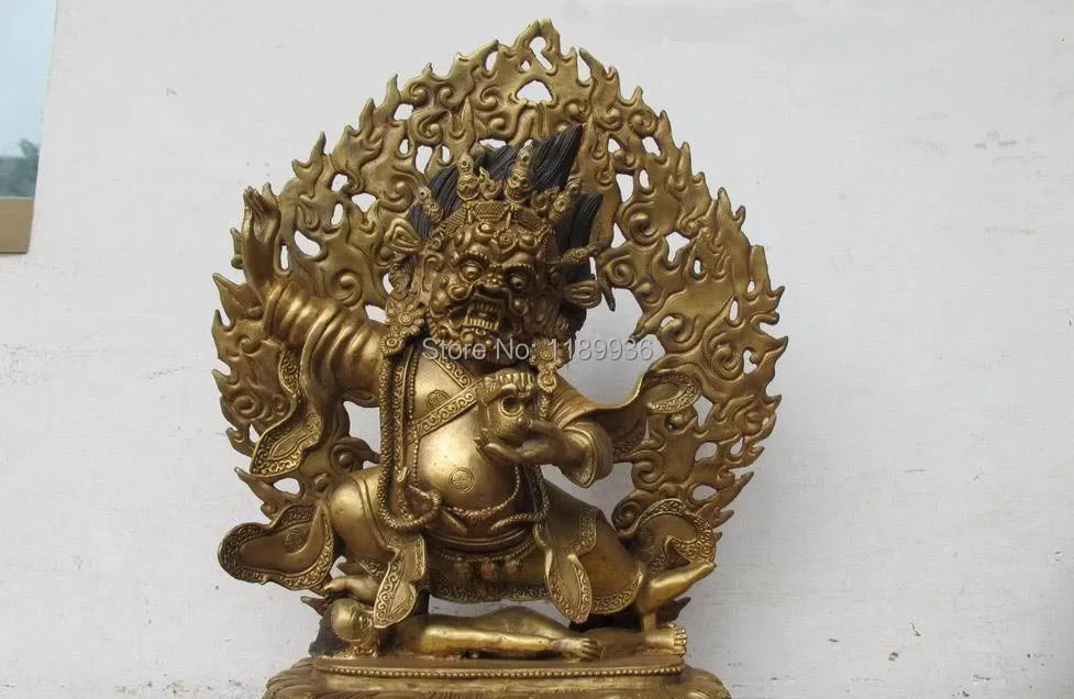 Tibet Buddhist Fane Bronze gild Mahakala Dharmapala Skull Tantric Buddha statue