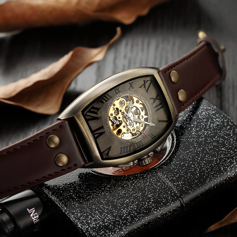 Luxury Brand Automatic Watches Men Skull Skeleton Self Winding Wristwatch Male Retro Fashion Clock Leather Watches relogio 2021