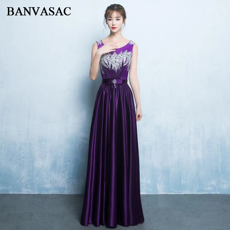 

BANVASAC 2018 O Neck Crystal Sash Purple A Line Long Evening Dresses Elegant Party Lace Pleat Open Back Prom Gowns