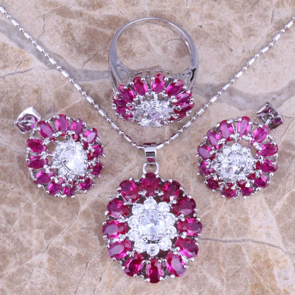 Graceful Red Cubic Zirconia White CZ Silver Plated Jewelry Sets Earrings Pendant Ring Size 6 / 7 / 8 / 9 / 10 S0431