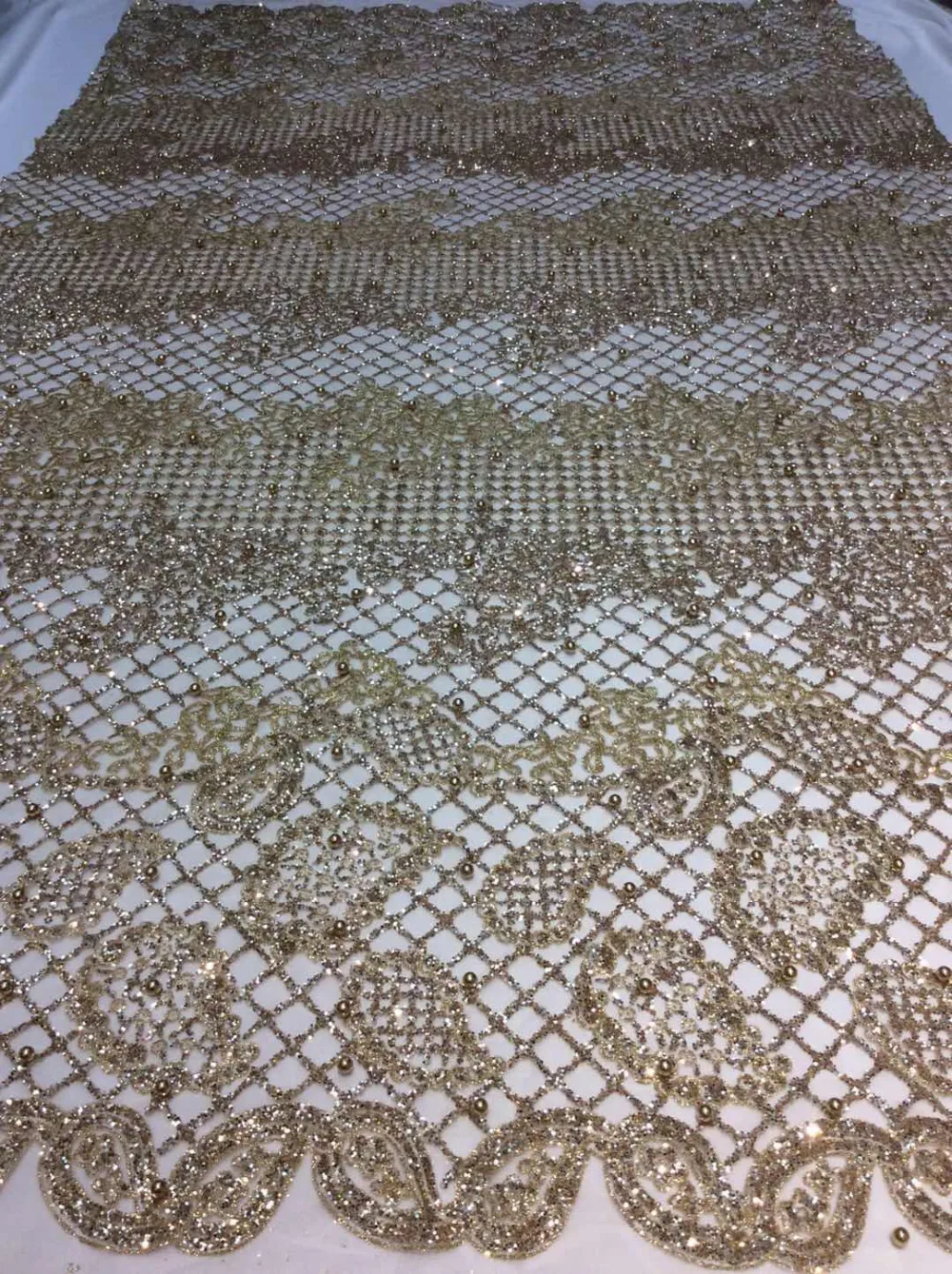 

ap213 # 5 yards champagne gold pearls sparkly hand print glued glitter net tulle mesh sugar lace fabric for sawing dress