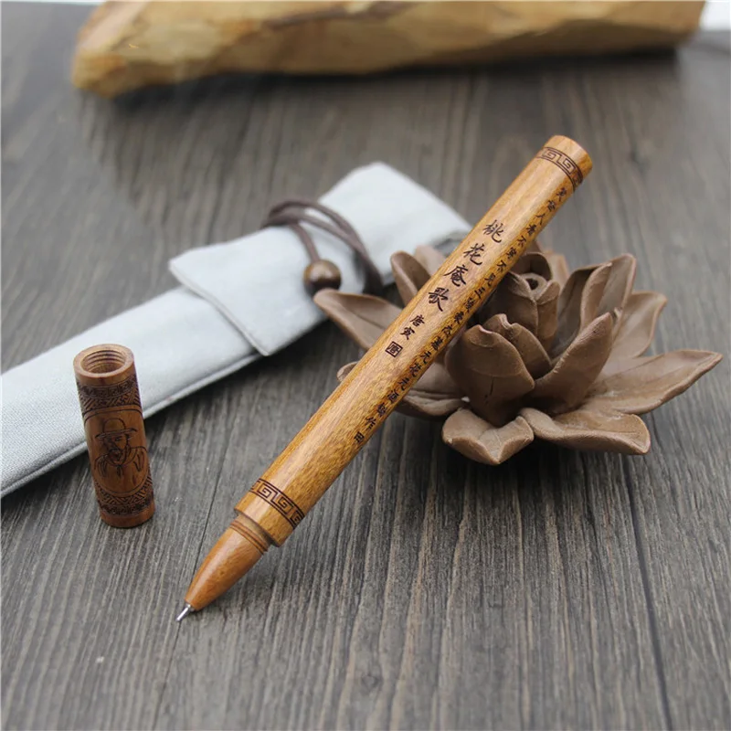 Valuable Wooden Signature Pen Natural Color Chinese Classic Ancient Poetry Carved For Business Office as Luxury Gift Set