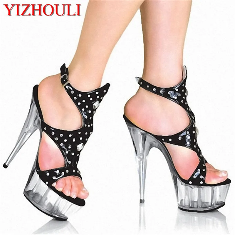 

Fashionable DJ shoes, super high heels 15cm, rivet embellished sexy pole dancing sandals