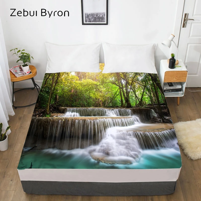 3D HD Digital Print Custom Bed Sheet With Elastic,180/150/160x200 Fitted Sheet Queen/King,Mattress Cover waterfall