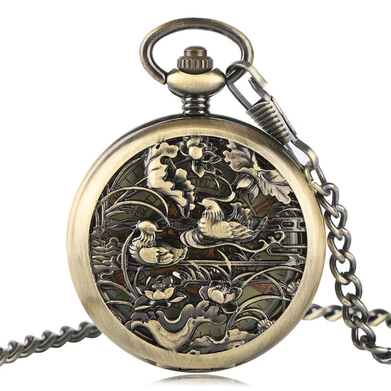 Vintage Automatic Mechanical Man Watches Carving Mandarin Duck Luxury Pocket Watch Trendy Unisex Gift Bronze Pendant Chain Clock