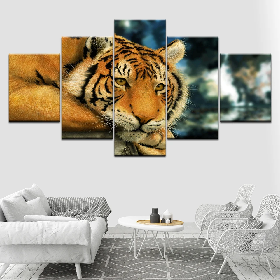 A lying tiger animal poster 5 Piece Wallpapers Art Canvas Print modern Poster Modular art painting for Living Room Home Decor