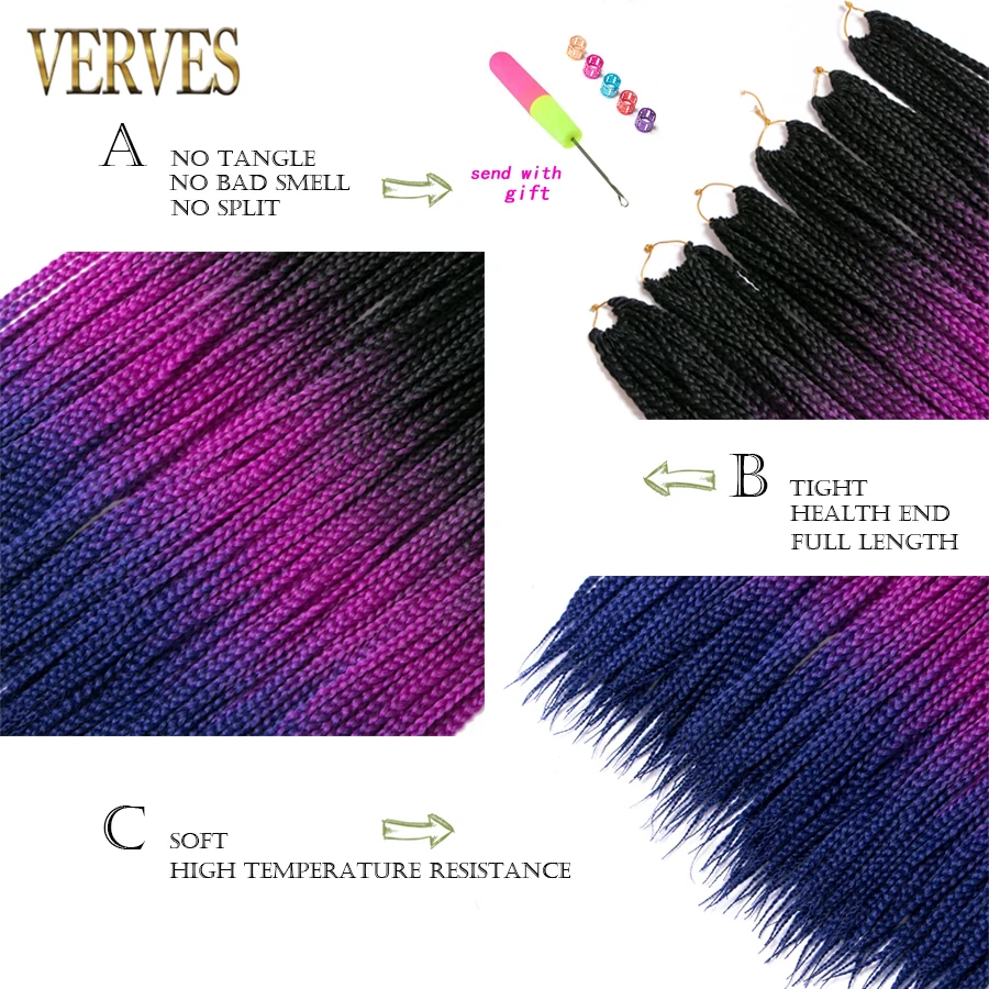 Verves Gehaakte Vlechten Synthetische 24 Inch Box Braid 22 Wortels/Pcs Ombre Vlechten Hair Extensions Warmte Fiber Bulk Vlecht roze, zwart