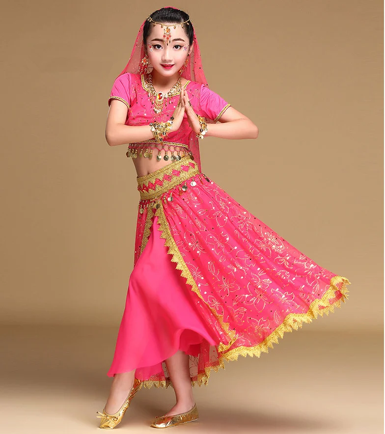 

New Style Kids Belly Dance Indian Dance Costume Set Sari Bollywood Children Outfit Chiffon Belly Dance Performance Clothes Sets