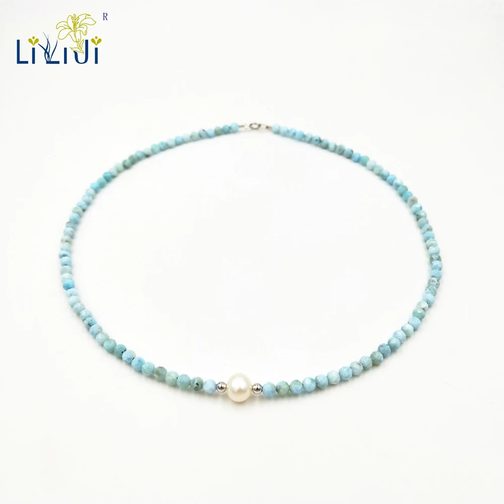 LiiJi Unique  Blue Larimar 2mm/3-4mm Freshwater Pearl 925 Sterling Silver Choker Necklace