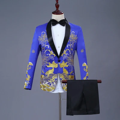 

Free shipping mens white/blue golden sequined beading collar tuxedo jacket/stage performance, jaceket with pants