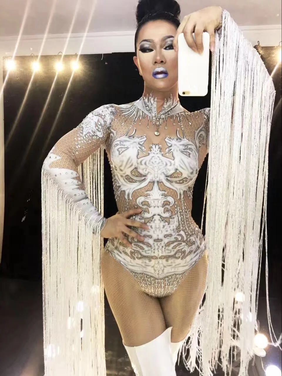 Body à franges blanches avec strass scintillants pour femmes, Costume de danse Sexy pour discothèque, DJ danseuse, chanteur, spectacle, vêtements de scène