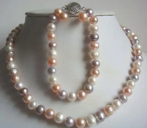 New Arriver Pearl Jewelry Set 17/7.5inch 8-9mm White Pink Lavender Freshwater Pearl Necklace Bracelet Earring