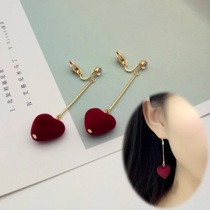 Korea Style Charm Peach Heart Long Bar Gold Color Clip on Earrings Without Piercing for Girl Party Needn\'t Ear Hole Ear Clip New