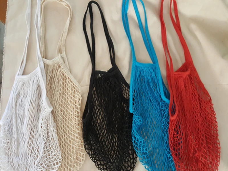 100pcs/lot Long handle Fruits & Vegetable Shopping String Cotton Net Mesh Bag For Sun Clothes Toys Basketball Storage Bags