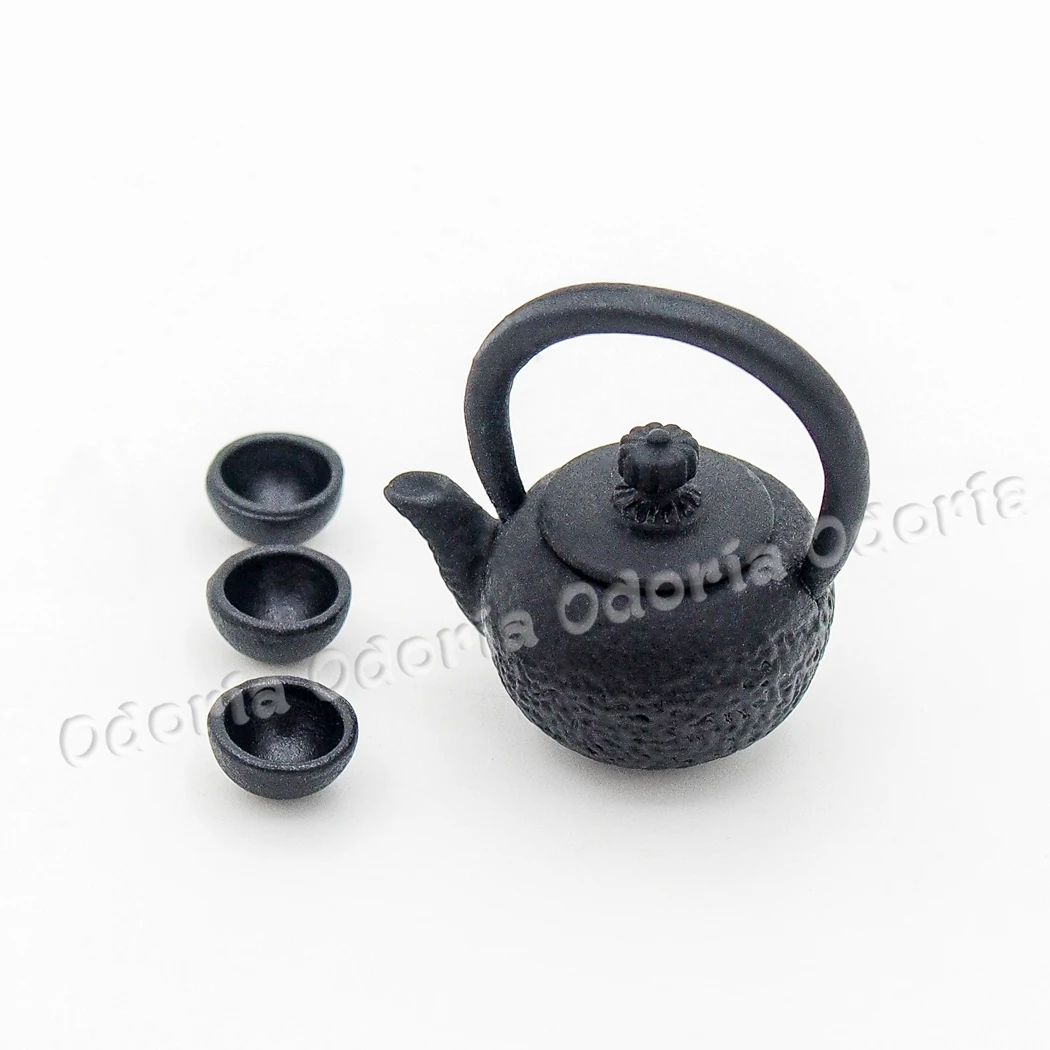 Odoria 1:12 Miniature Metal Teapot Kettle with 3 Tea Cups Teaware Kitchen Set Dollhouse Accessories Doll House Decoration