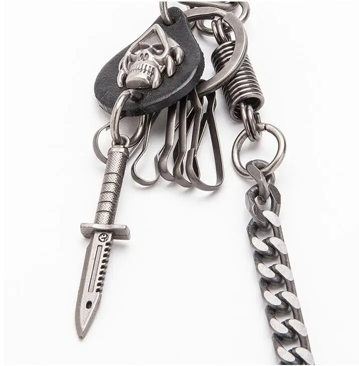 Fashion Men 8mm 60CM Long Thick Gun Metal Wallet Skull Sword Jeans Key Chain Rock Biker Heavy Jeans Chain Hip Hop Pants Chain