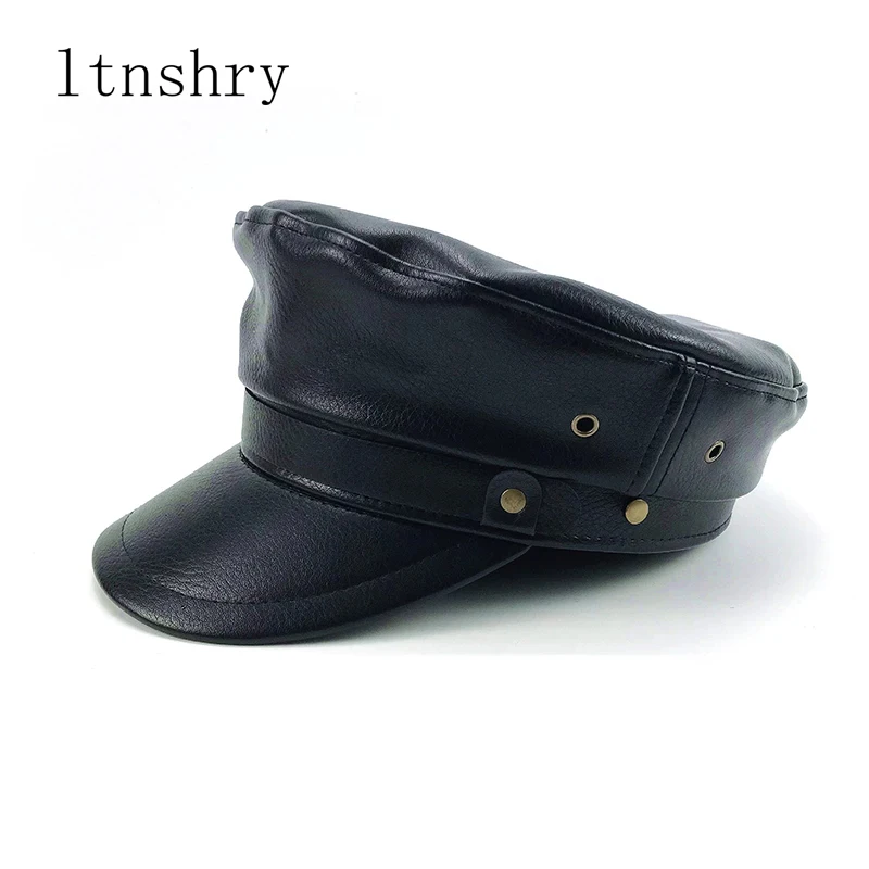 

Spring Summer fashion Men Women Leather Navy Hats Berets Unisex Streetwear Fitted Black Caps With Belt Outdoor Gorro