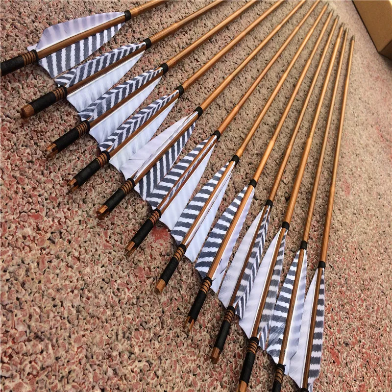 12PK China Traditional Gray Feathers Self Nock Bamboo Arrows For Longbow