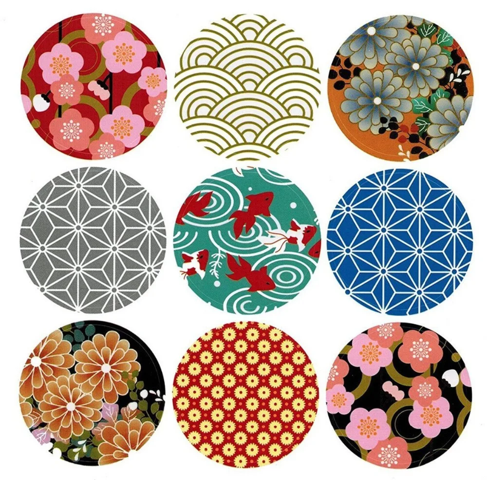 90pcs Round Japan Style Traditional Pattern Self-Adhesive Universal Sealing Sticker Decorative Labels