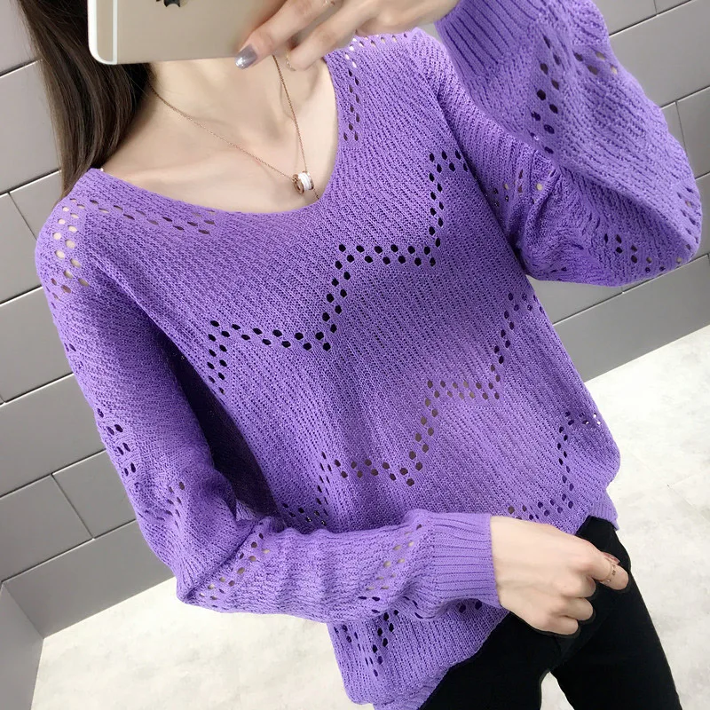 

2019 Spring Autumn V-Neck Women Sweater Hollow Out Thin Female Knitted Tops Loose Casual Long Sleeve New Sweaters RE2556