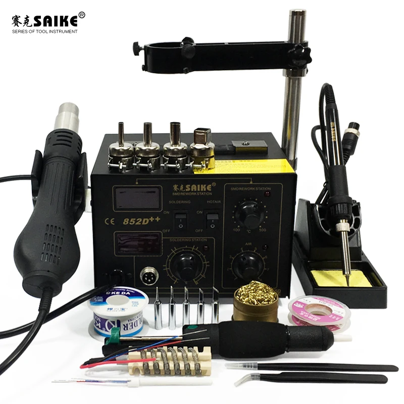 SAIKE 852D++ 2 in 1 SMD Rework Station Hot air gun soldering station Desoldering station 220V 110V