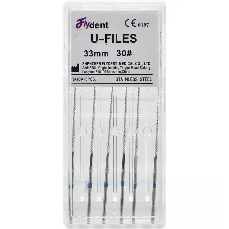 Dental Woodpecker U Files, Endodontic Files, Aço Inoxidável, Ultrasonic, Tamanhos Opcionais, Usado para Limpeza do Canal Radicular, 6Pcs por Caixa