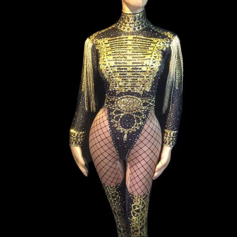 Women\'s Luxury Outfit Dance Stage Show Nightclub Costume Singer Jumpsuits Wear Glisten Black Gold Crystals Bodysuit with Tassel