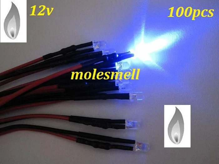 

Free shipping 100pcs 3mm Blue Flicker 12V Pre-Wired Water Clear LED Leds Candle Light 20CM