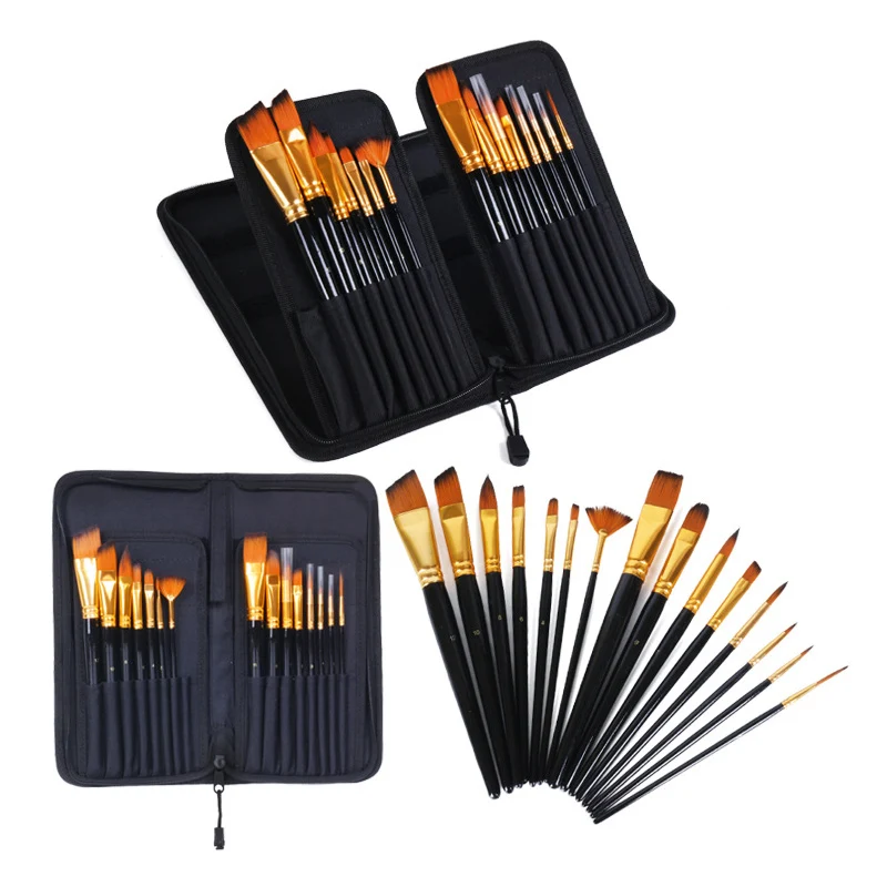 15PCS/lot High End Nylon Hair Water Chalk Watercolor Pen Oil Painting Stroke Painting Bag  Art Paint Brushes Supplies