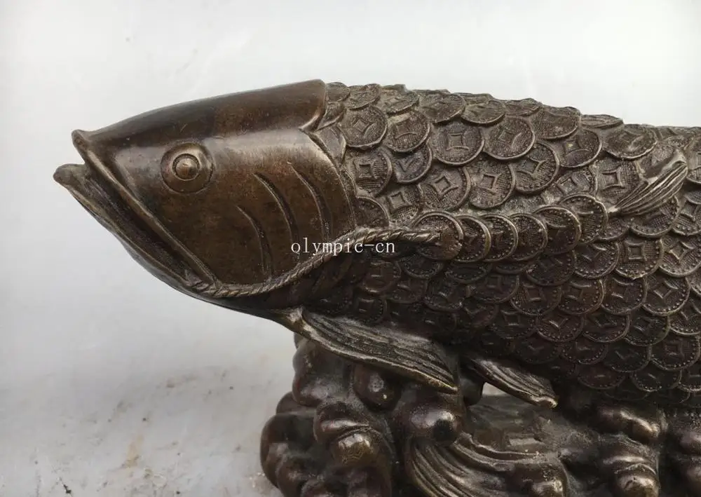 9'' Fine Copper Bronze home fengshui decor carved coin wealth fish statue