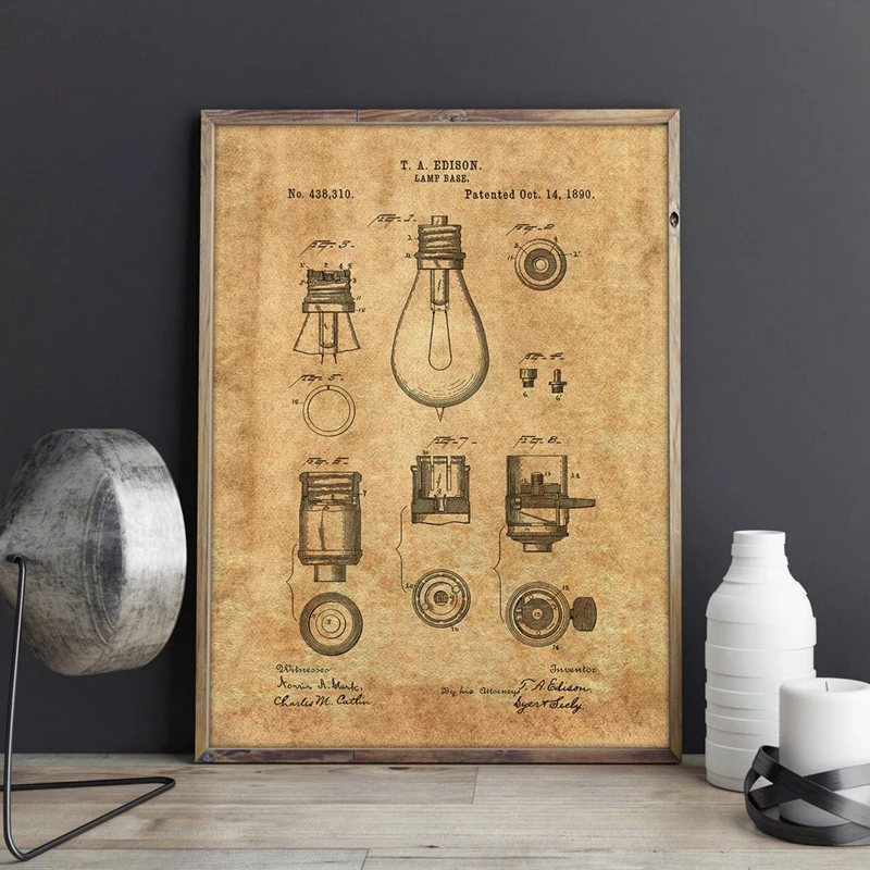 Edison Lamp Base Patent Prints Thomas Edison Bulb Wall Art Posters Lighting Decor Vintage Blueprint Gift idea Wall Decoration