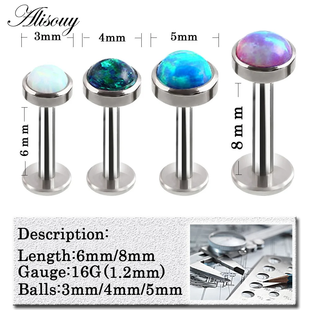 Alisouy 1 Pcs Opal Stone Labret Hiphop Lip Stud Ear Piercing Cartilage Tragus Helix Earring Nose Stud 16g Lip Ring Body Jewelry