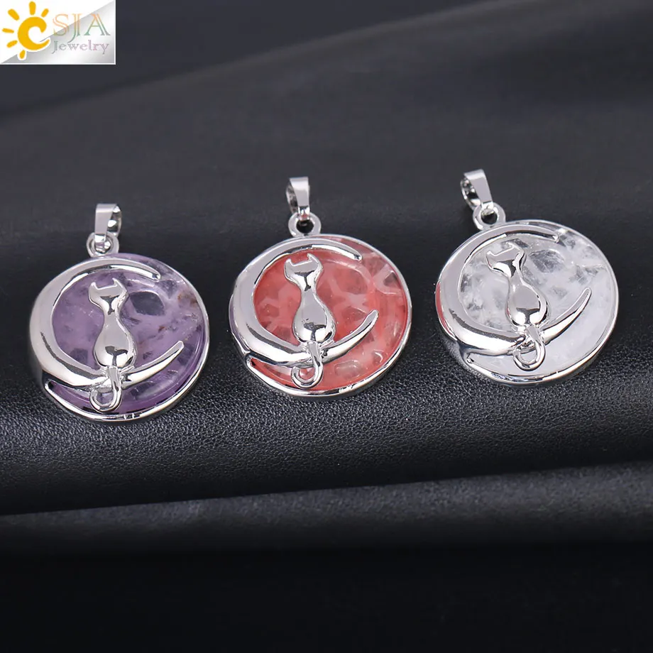 CSJA New Fashion Cat Moon Pendant for Necklace Round Natural Stone Cute Kitten Lucky Jewelry Fit Women Girl Necklaces F334