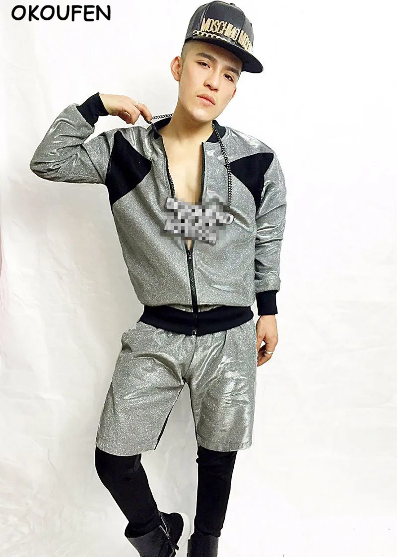 

New style Male Fashion Cool pink glitter Silver Baseball Jacket Nightclub bar DJ singer performance clothing