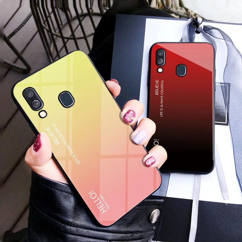 For Samsung Galaxy A40 Case Fashion Hard Tempered Glass Luxury Gradient Protective Back Cover case For samsung a40 phone shell