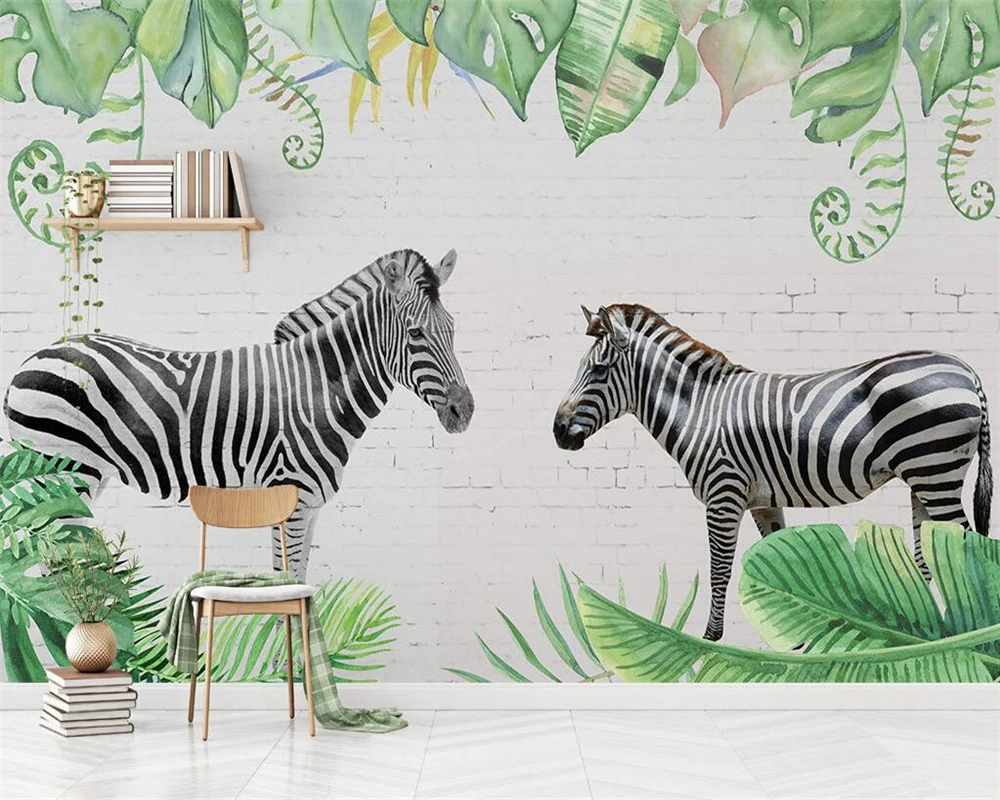 

Beibehang Custom Wallpaper Nordic Handmade Zebra Tropical Leaf Brick Wall TV Background Living Room Bedroom Mural 3d wallpaper