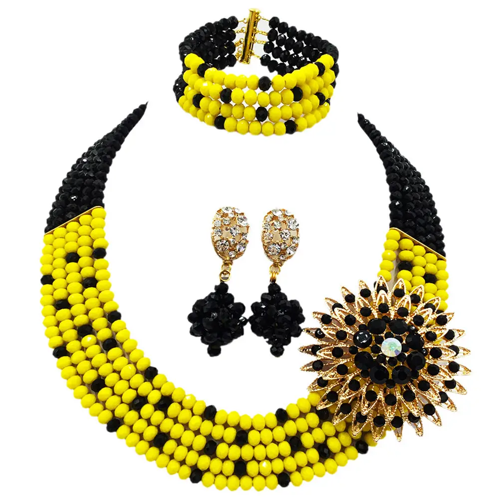 

Fashion Black Opaque Yellow Costume Statement Necklace African Wedding Beads Nigerian Jewelry Beds Set 5L-ZJ024