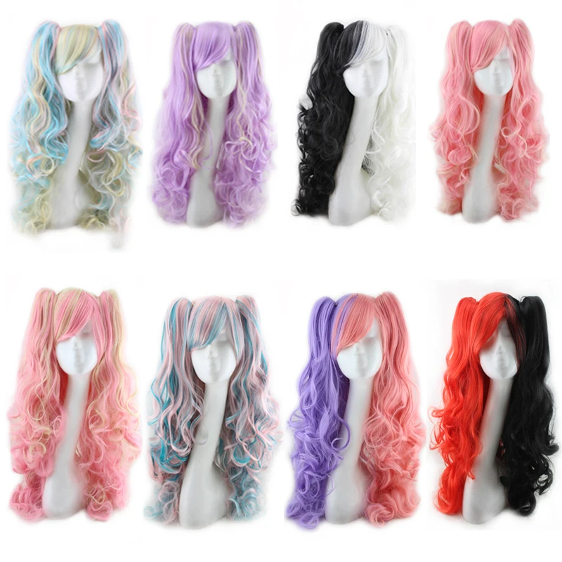 WoodFestival Synthetic Hair Cosplay Wig With Bangs Wavy Long Wigs For Women Two Claw Clip Ponytail Pink Red Blue Black White