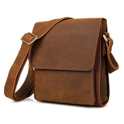 Nesitu High Quality Vintage Thick Brown Genuine Leather Small Men Messenger Bags Crazy Horse Leather Male Shoulder Bag M7055