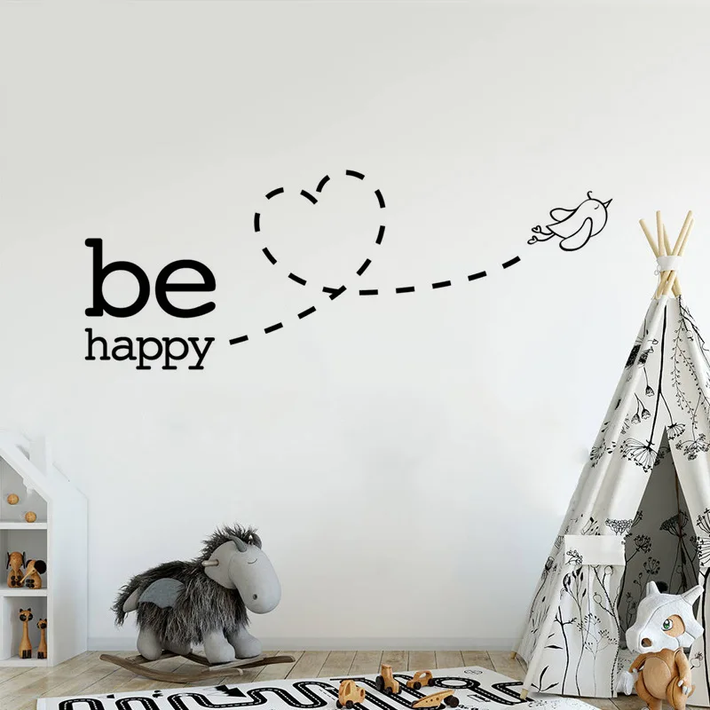 Be Happy Flying Bird Heart Wall Sticker For Kids Room Bedroom Decoration Home Art Decals Wallpaper Removable Stickers