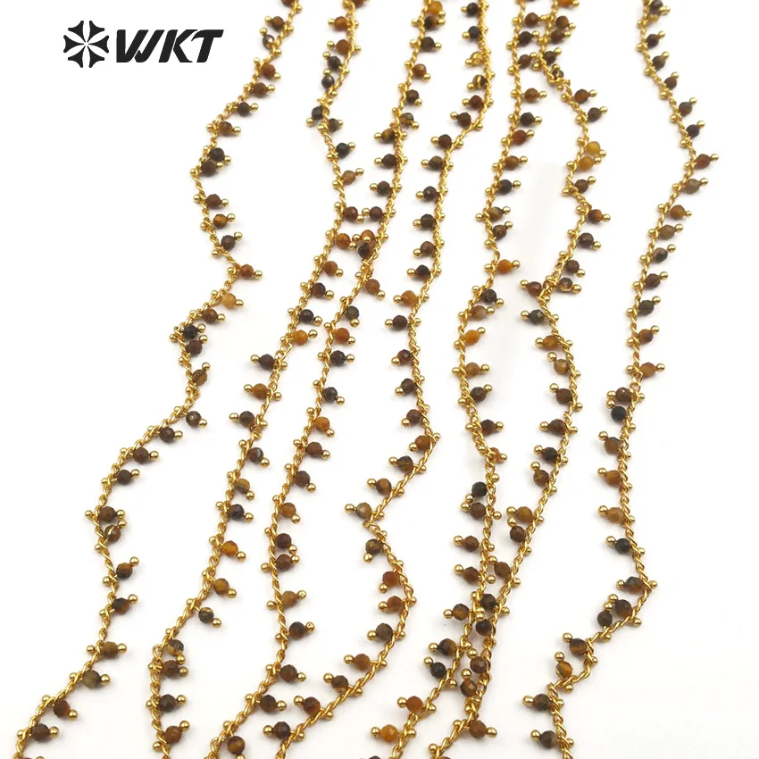 WT-RBC095 Wholesale Rosary Chain 3mm Tiger Eye Stone Bead Dangling Chain Brass Wire Wrapped Non-tarnishable