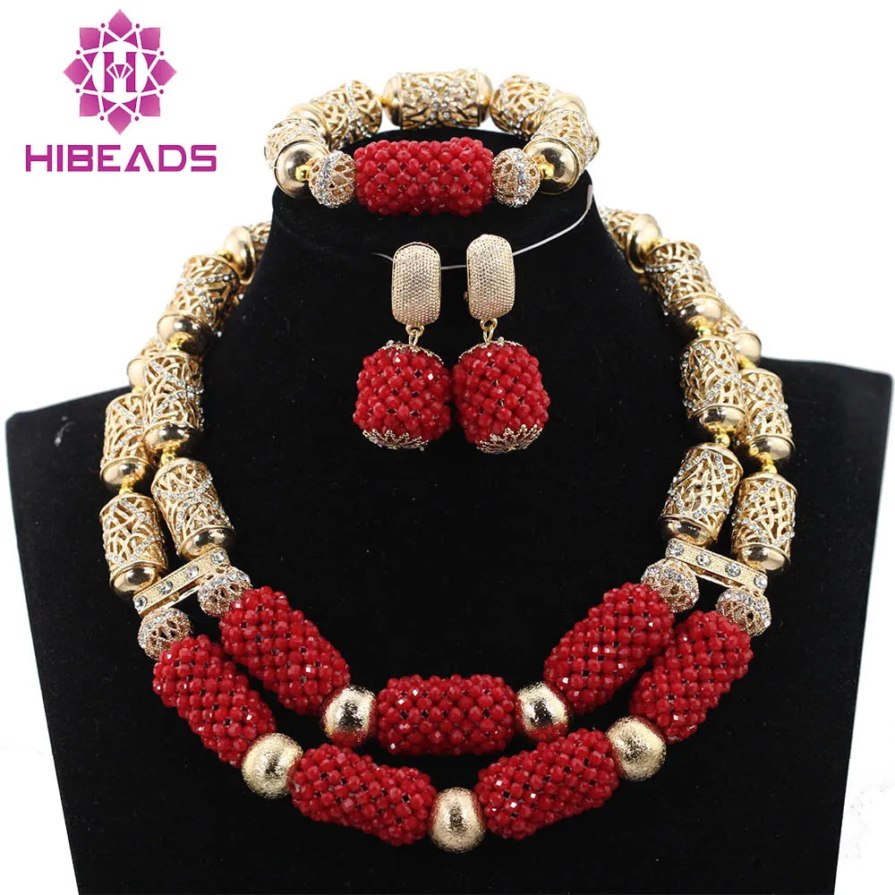 

Red African Jewelry Sets Fantastic Dubai Gold Bridal Statement Necklace Set Crystal Beads Wedding Jewelry Free Shipping ABH329