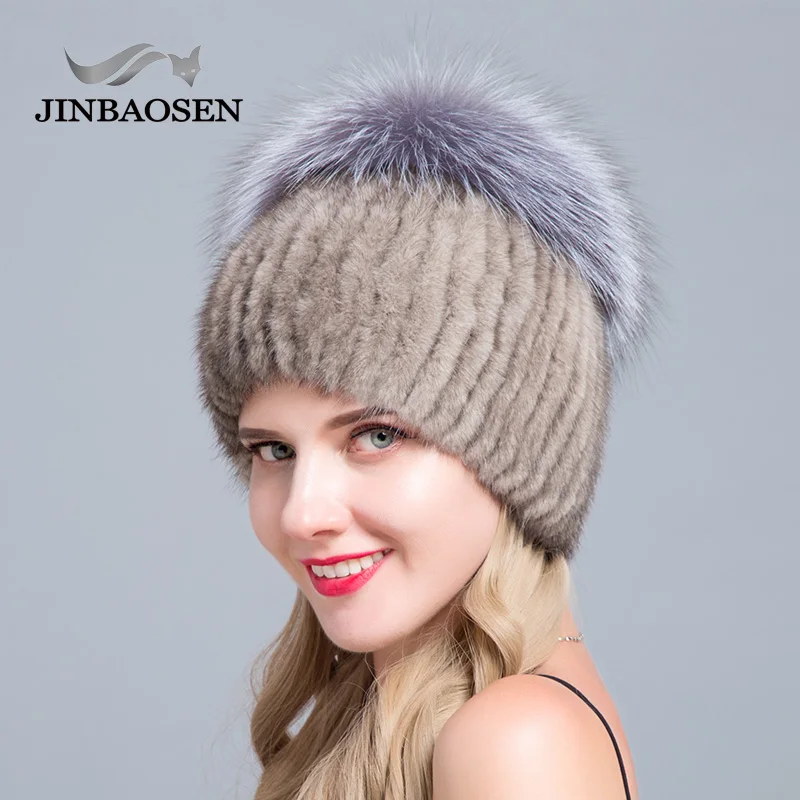 JINBAOSEN-Casquettes de ski pour femmes d\'âge moyen, fourrure de vison, chapeau pull pour femme, style européen et américain, mode hivernale