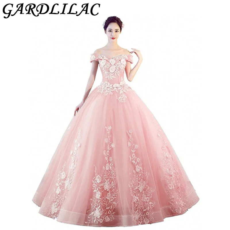 Gardlilac Off the Shoulder Quinceanera Dresses Pink Beaded Lace Applique Ball Gowns Formal Party Sweet 16 Aline Long Dress