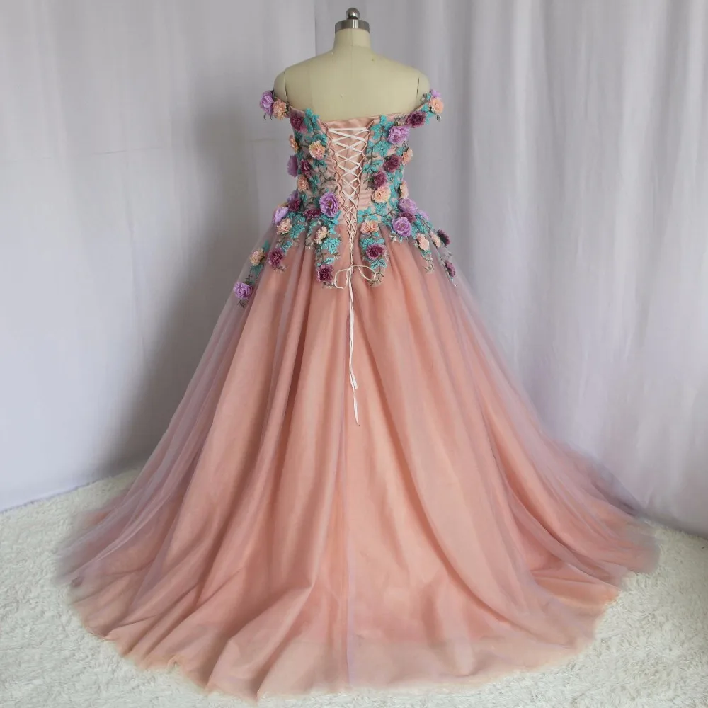 Vestido de baile de princesa de manga corta con apliques de flores en 3D, hombros descubiertos de diseñador, vestido de baile de graduación