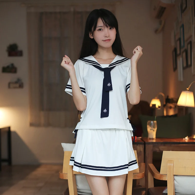 New 2018 Hot Japanese School Uniform Girls Korean Uniform School Wear Summer White Navy Shirt +Skirt Clothing 2 colors 4 style