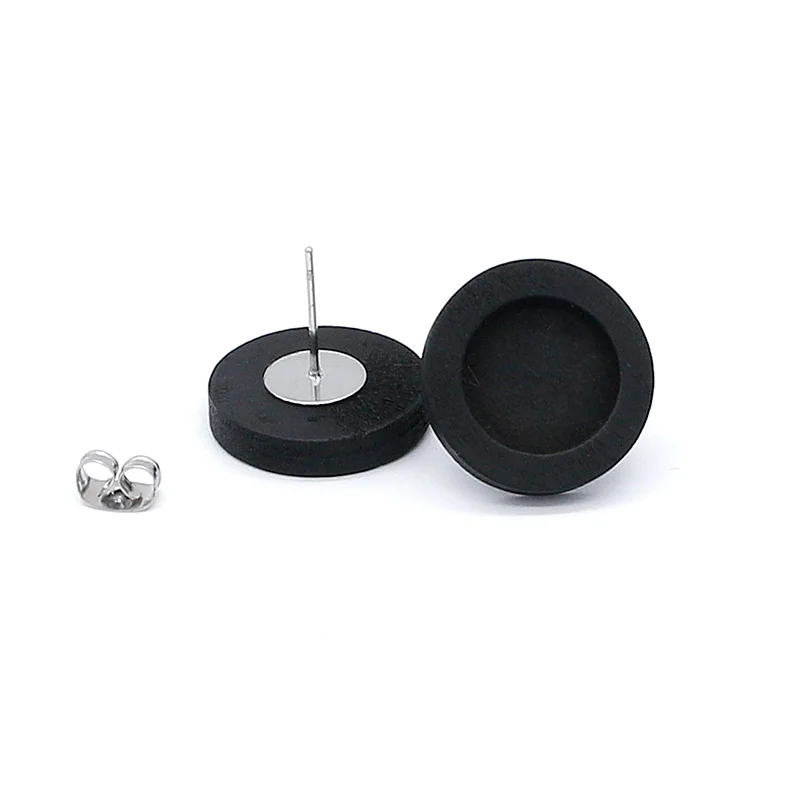 20pcs/lot Black Blank Wood Cabochon Earring Base Stainless Steel Post Stud Earrings Settings Fit 12mm for Diy Jewelry Findings