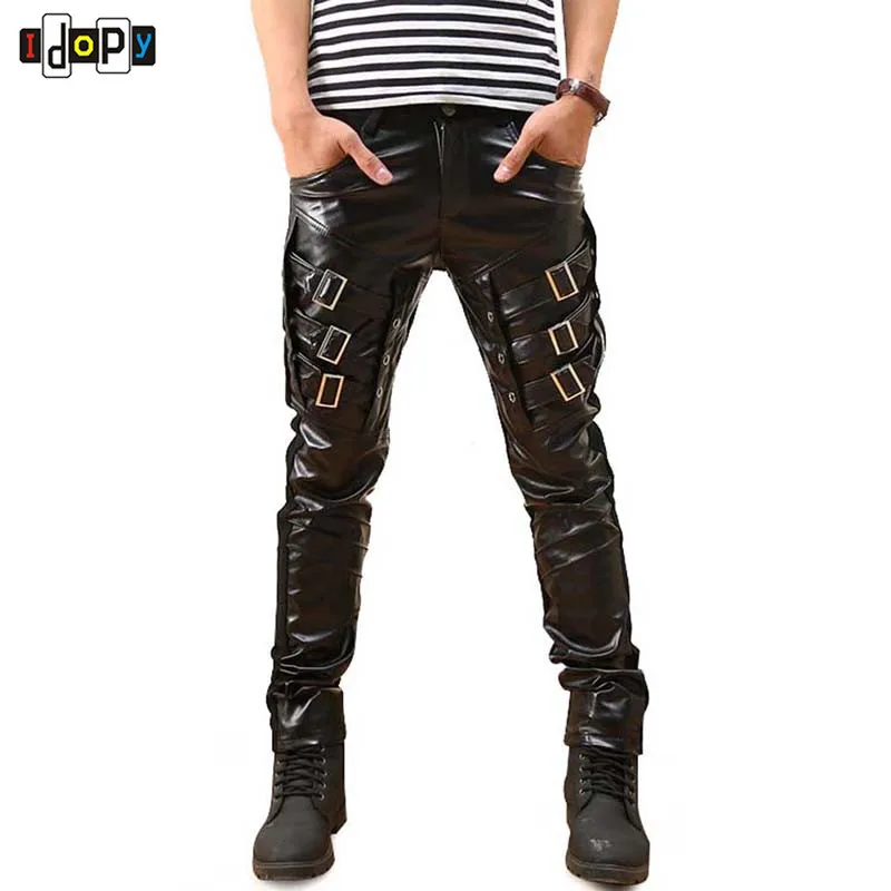 New Arrival Mens Korean Gothic Punk Fashion Faux Leather Pants PU Buckles Hip Hop Applique Black   Leather Trousers Male