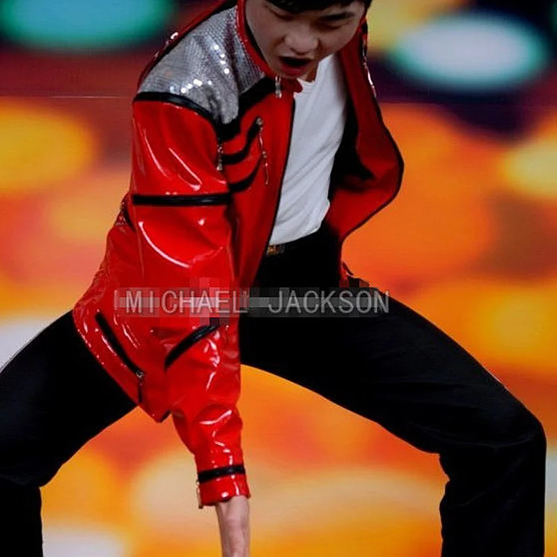 Dance King Michael Jackson Beat It Light Red Leather Jacket in Punk Zippers Impersonator